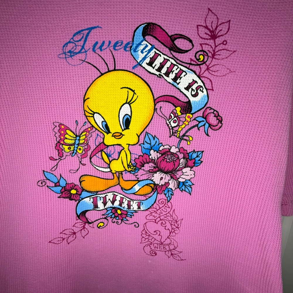 Looney Tunes Tweety Bird Pink Thermal Waffle Knit Henley Top Large Y2K Graphic